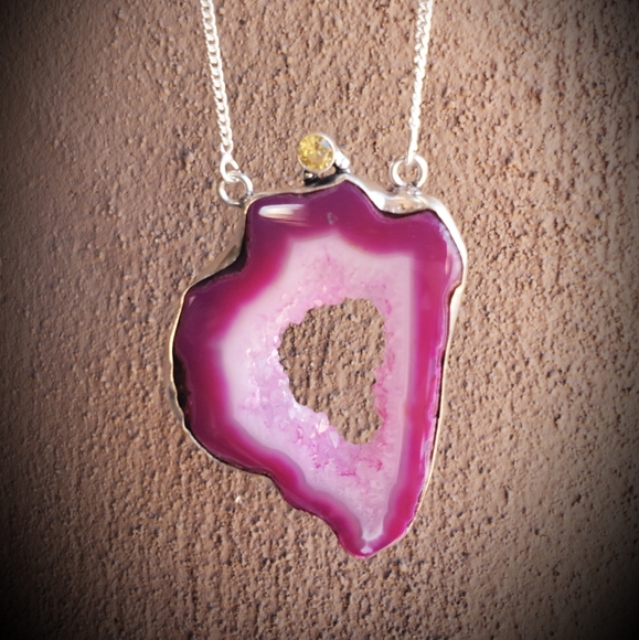 New Pink Agate Druzy & Citrine Silver Necklace. - Picture 12 of 16